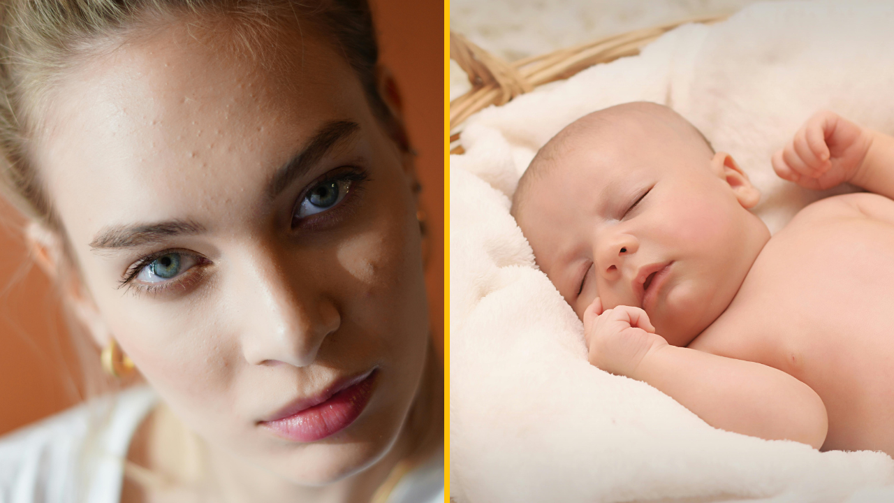Portrét mladej ženy vedľa spiaceho bábätka v bielej deke, kontrast medzi zrelosťou a nevinnosťou.