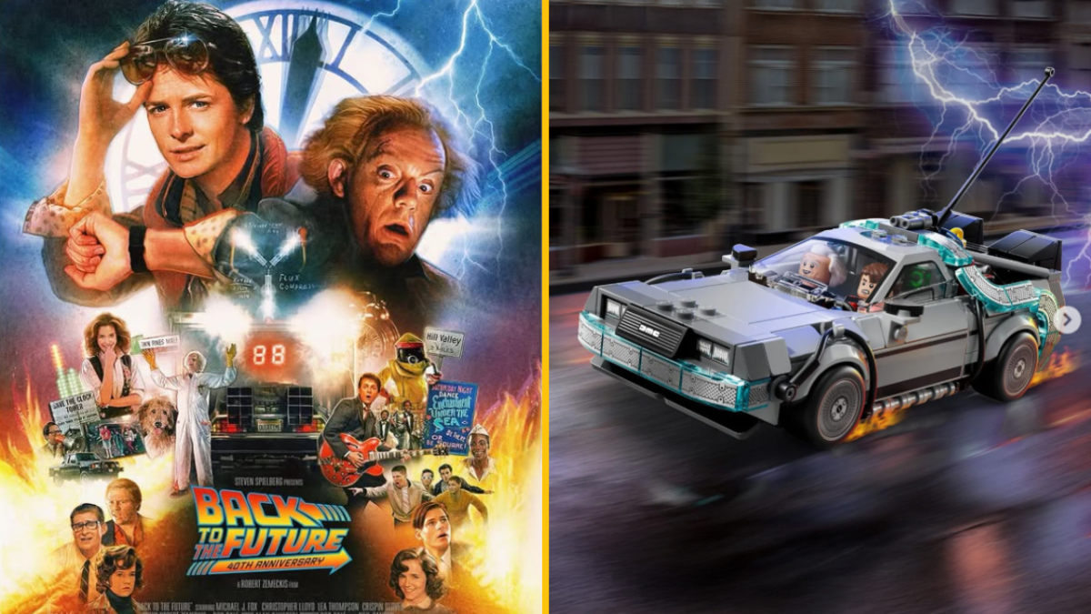 Plagát a LEGO DeLorean z filmu Back to the Future, časový cestovateľ v akcii.