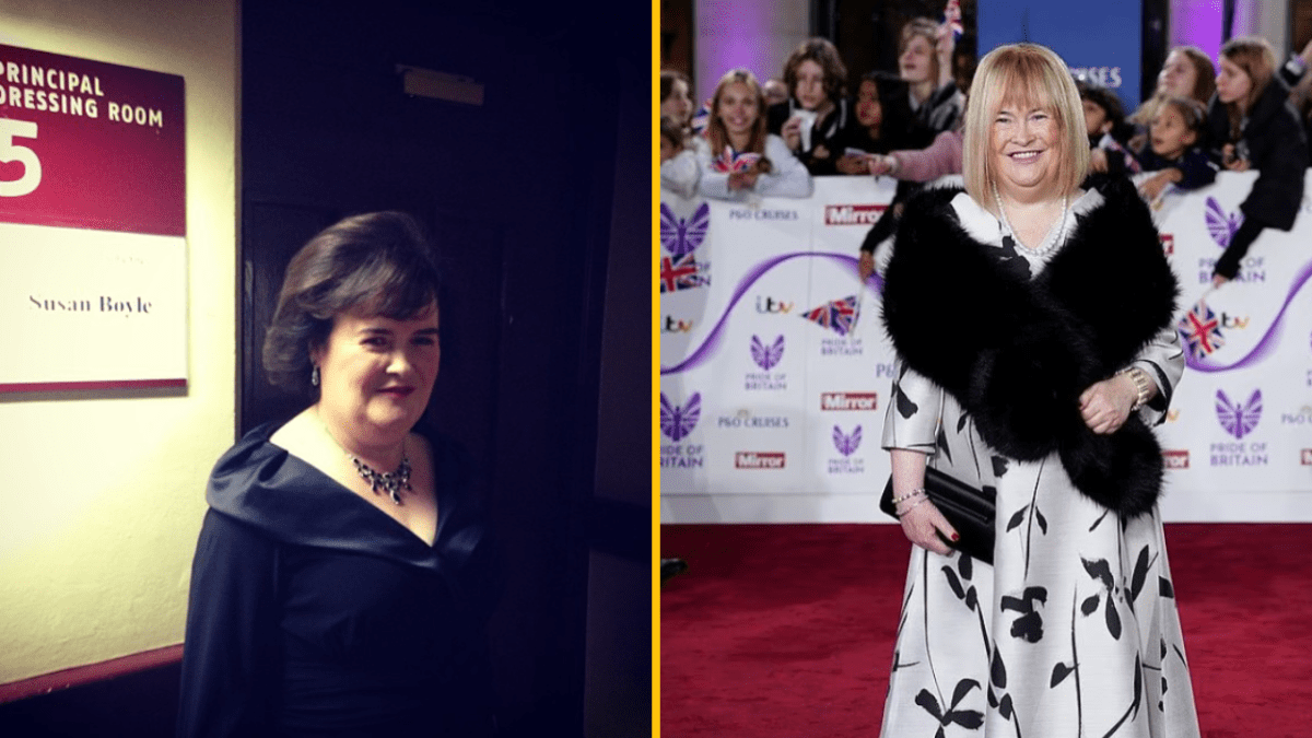 Osoba v dvoch rôznych outfitoch na udalosti, pózujúca na červenom koberci a pri zákulisí.