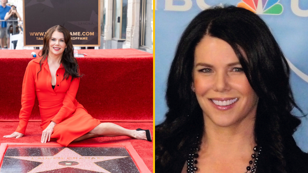 Osoba v červenom na chodníku slávy, pózuje vedľa hviezdy, portrét usmiatej osoby na modrom pozadí.