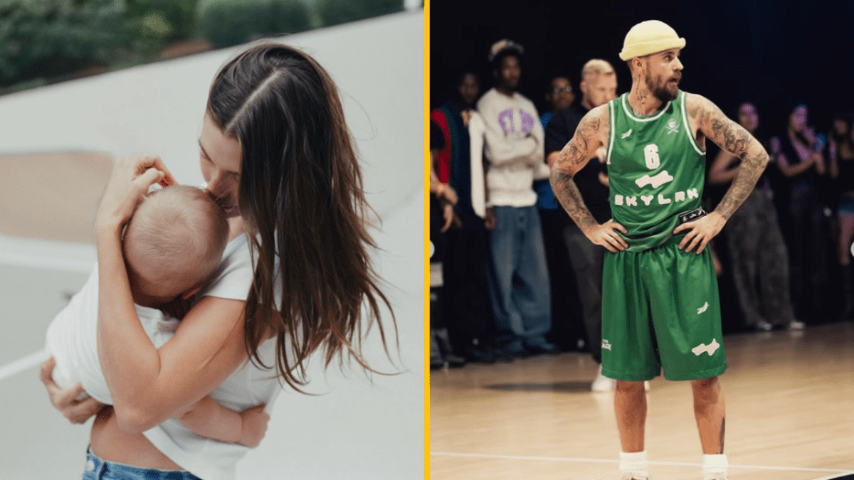 Matka objíma dieťa v parku; muž v zelenej basketbalovej uniforme na ihrisku počas zápasu.