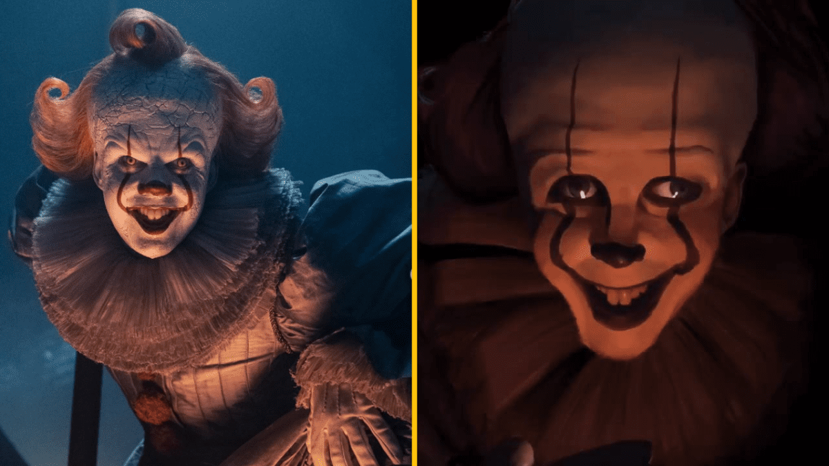 Strašidelný klaun v tmavom prostredí, ktorý sa usmieva a pôsobí hrozivo s výraznými červenými vlasmi a bielym líčením.