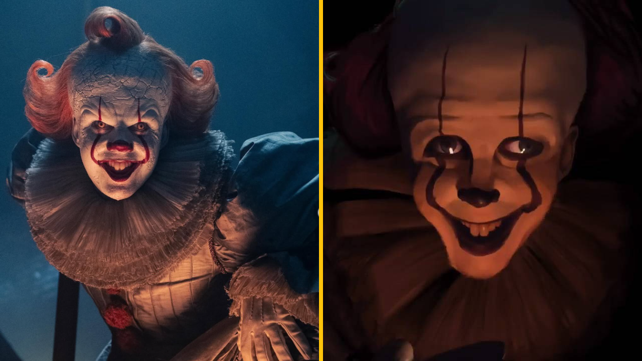 Strašidelný klaun v tmavom prostredí, ktorý sa usmieva a pôsobí hrozivo s výraznými červenými vlasmi a bielym líčením.