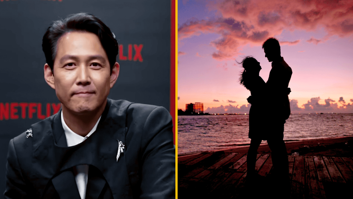 Neznámy muž na podujatí Netflix; pár s výhľadom na romantický západ slnka pri vode.