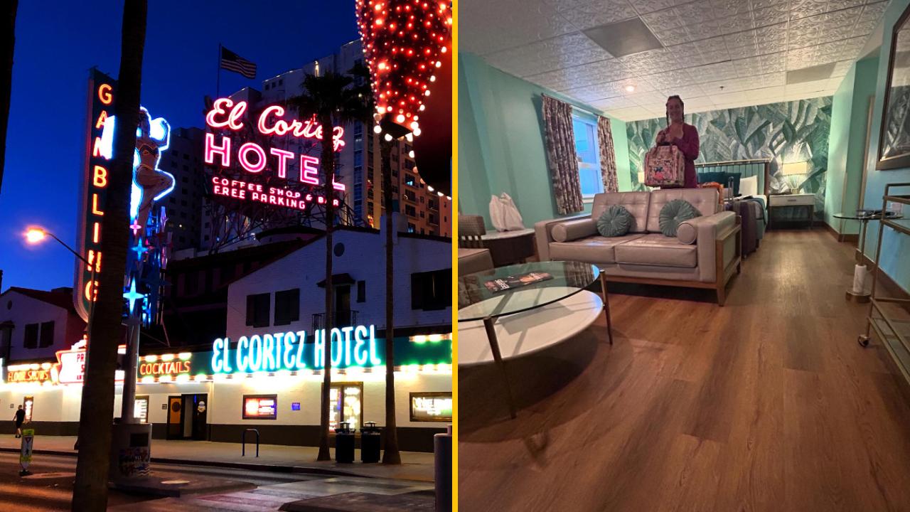 El Cortez Hotel v noci s neónovými svetlami; luxusná izba s moderným nábytkom a palmami na stene.