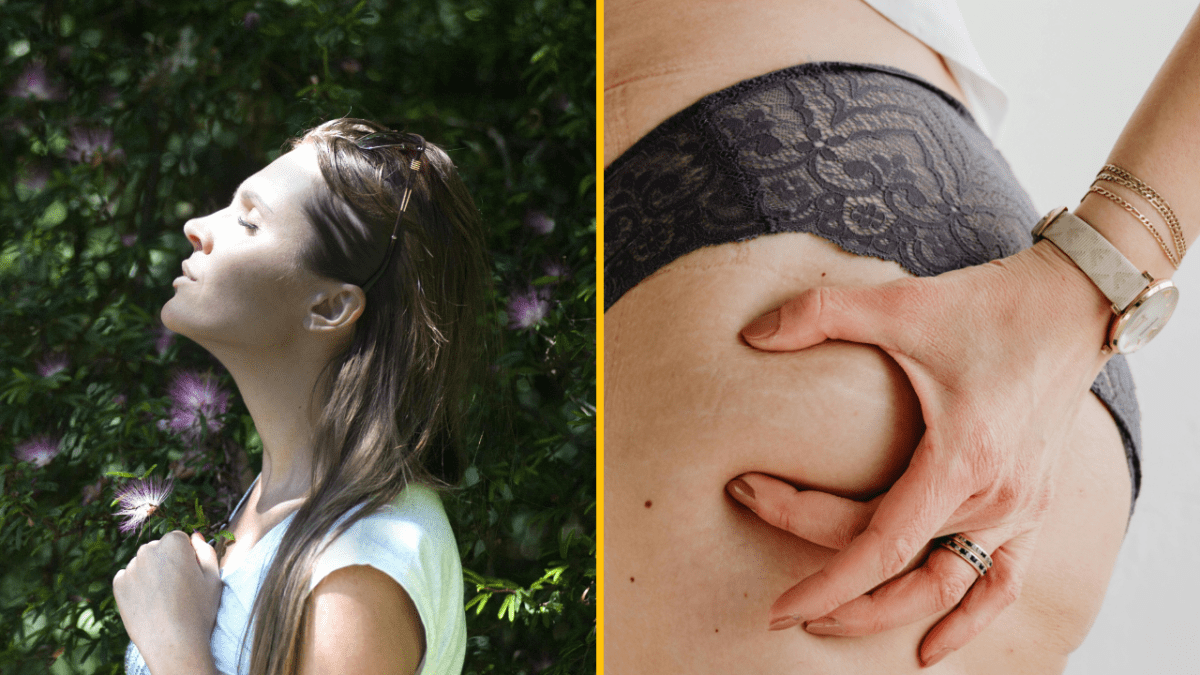 Žena si užíva slnko v prírode; vedľa, detail ruky na koži s krajkovou bielizňou, symbolizujúci sebalásku a starostlivosť.