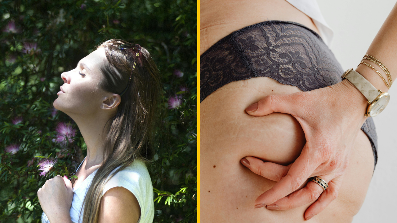 Žena si užíva slnko v prírode; vedľa, detail ruky na koži s krajkovou bielizňou, symbolizujúci sebalásku a starostlivosť.