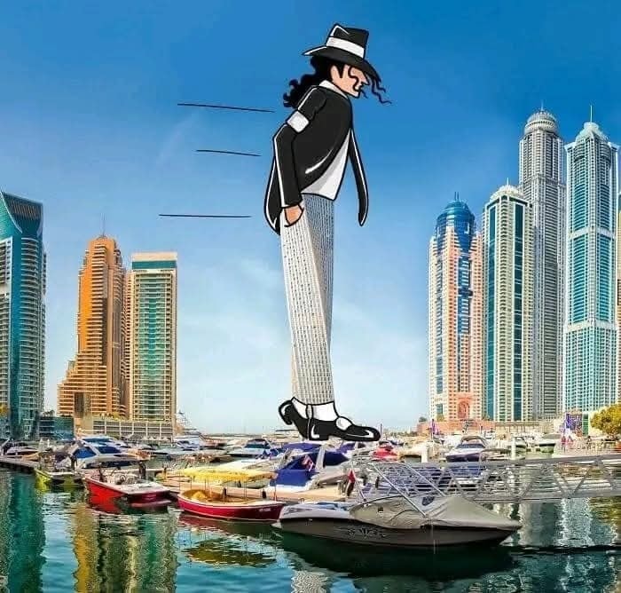 Karikatúra tanečníka nakláňajúceho sa dopredu v prístave s mrakodrapmi v pozadí.