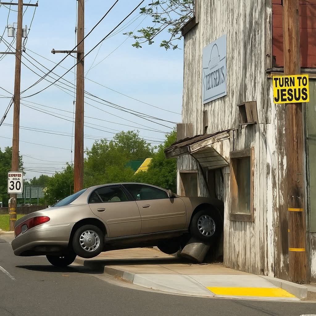 Auto narazilo do budovy, vedľa je návestná tabuľa Turn to Jesus.