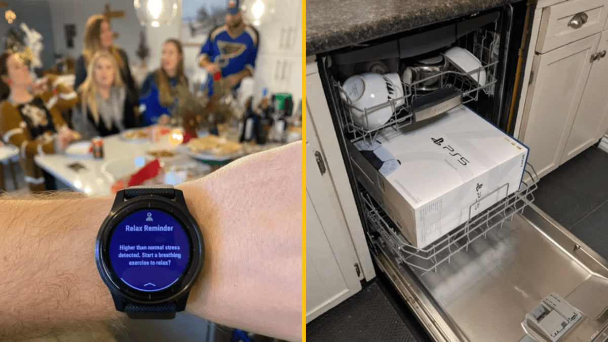 Hodinky ukazujú pripomienku na relax, zatiaľ čo konzola PS5 je uložená v umývačke riadu.