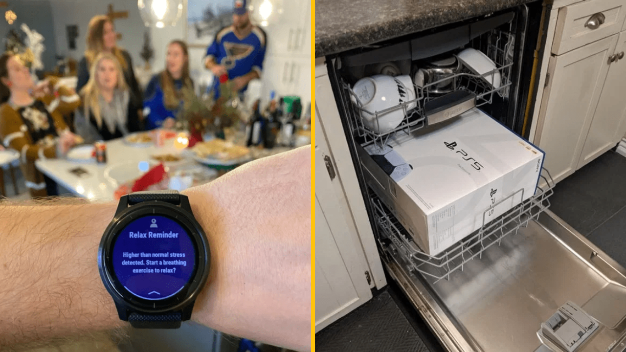 Hodinky ukazujú pripomienku na relax, zatiaľ čo konzola PS5 je uložená v umývačke riadu.