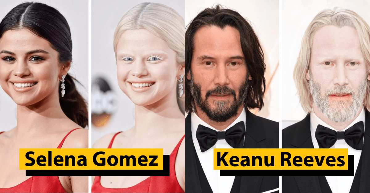 Biele obočie a bledá pleť: zmena vzhľadu známych osobností v elegantnom prostredí.