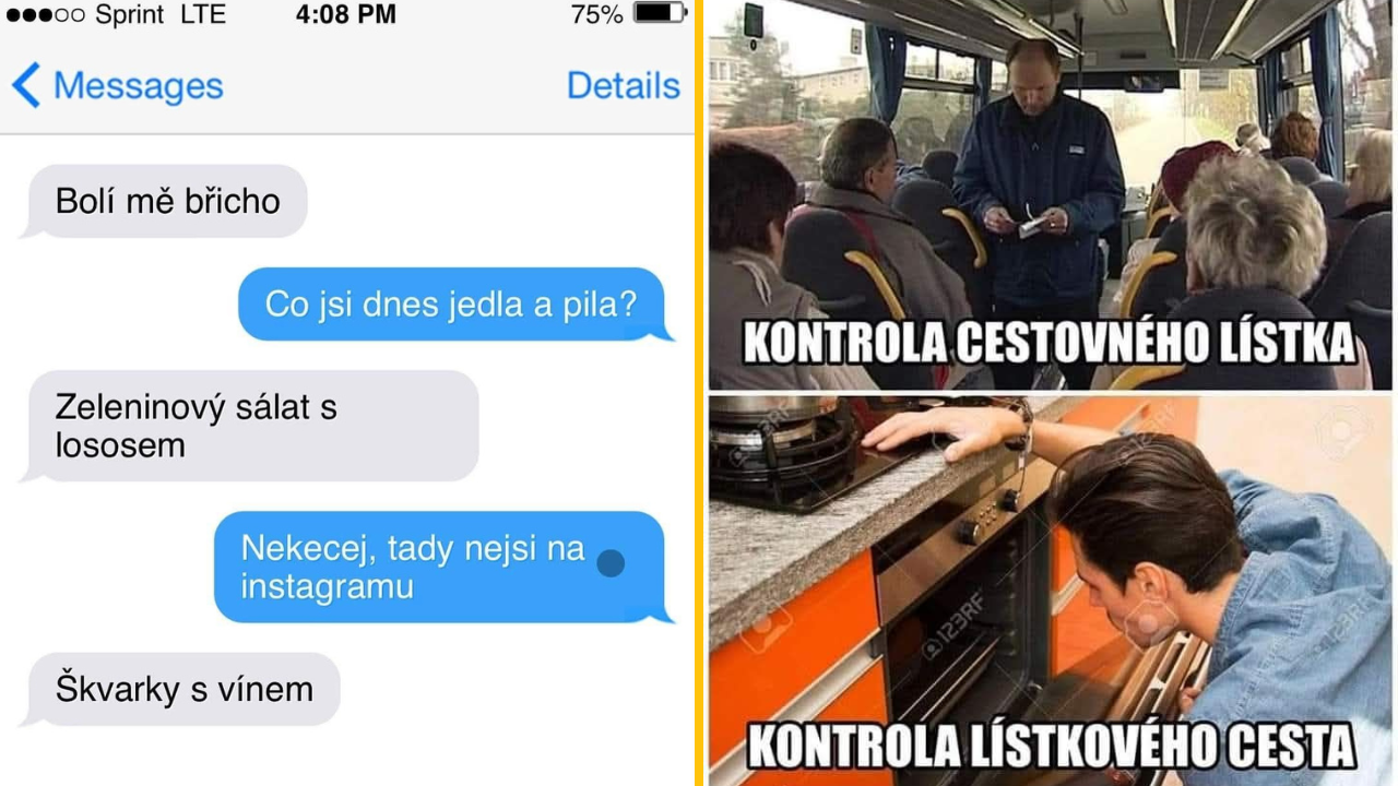 SMS vtip s falošnou zdravou stravou a dvoma obrázkami: kontrola v autobuse a muž sledujúci rúru.