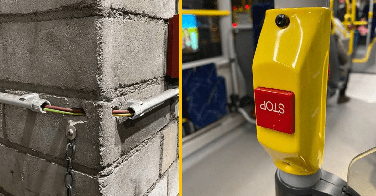 Elektrické káble cez murivo a tlačidlo STOP v interiéri autobusu.