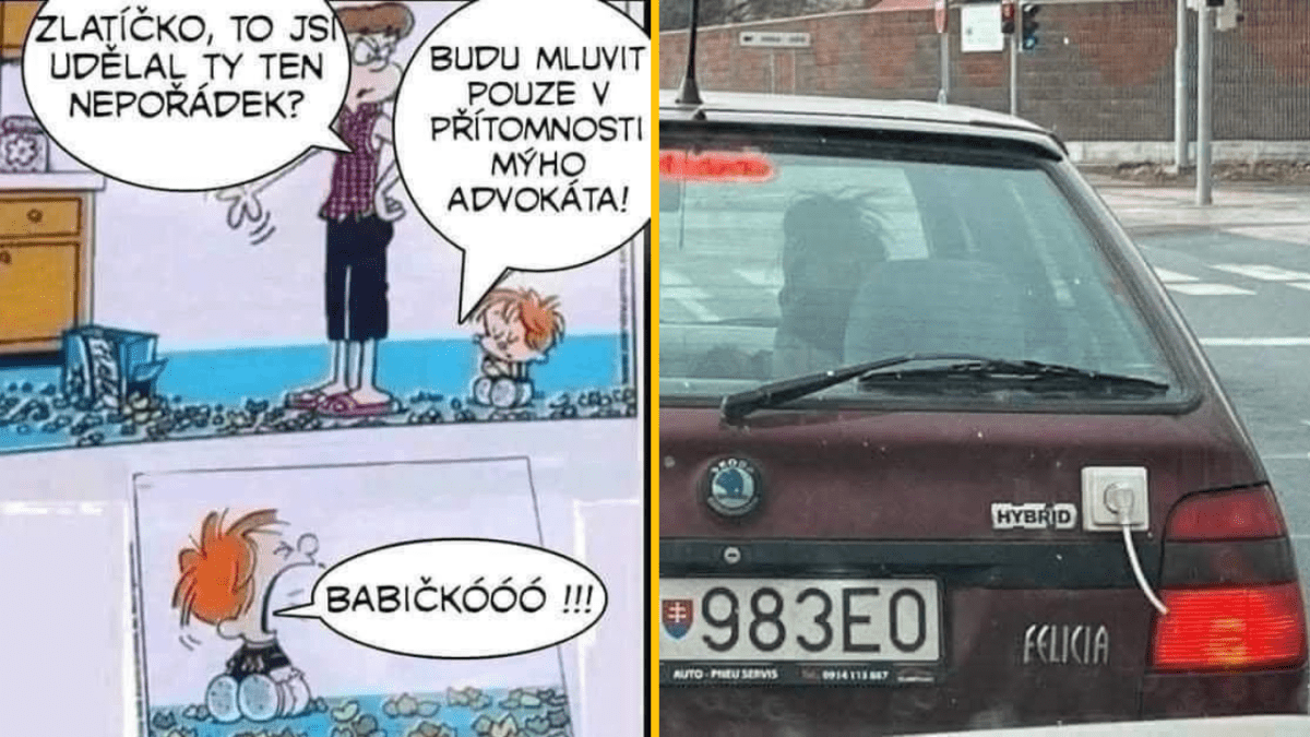 Prvý obrázok: Dieťa obviňované z neporiadku žiada advokáta.Druhý obrázok: Auto s nápisom hybrid a pripojeným káblom na elektrickú zásuvku.