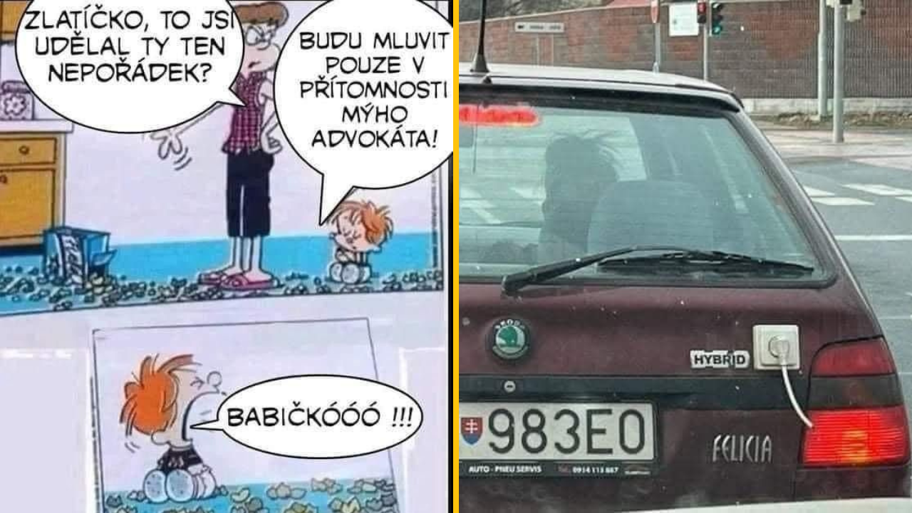 Prvý obrázok: Dieťa obviňované z neporiadku žiada advokáta.Druhý obrázok: Auto s nápisom hybrid a pripojeným káblom na elektrickú zásuvku.
