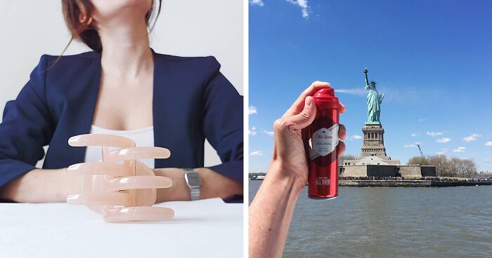 Žena s dlhorukými prstami a sprej pred Sochou slobody s efektom ilúzie, kreatívna kombinácia obrazu.