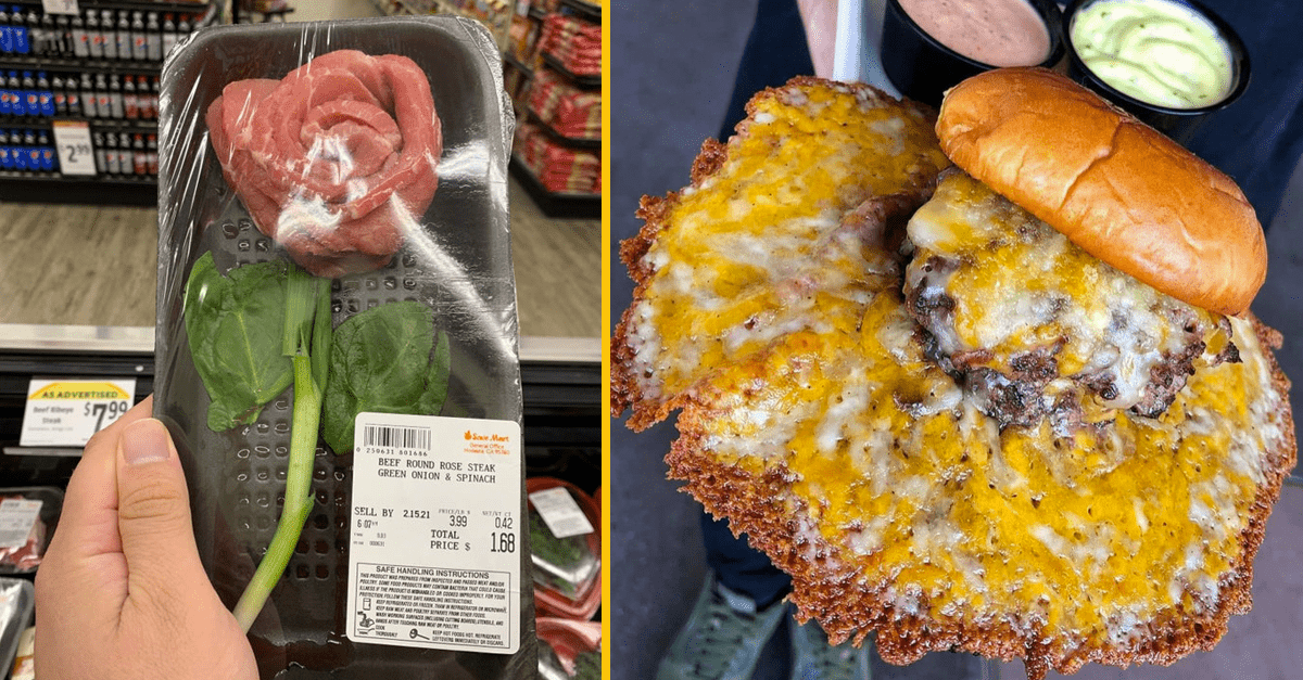 Zabalený steak v tvare ruže vedľa syrového burgeru s chrumkavou syrovou krustou a dipmi v pozadí.