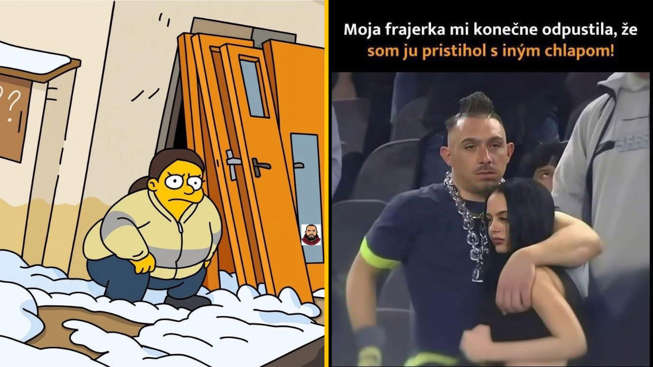 Kreslená postavička podozrievavo ukrytá v snehom predstavuje podvádzanie, druhý obrázok komentuje odpustenie frajerky.