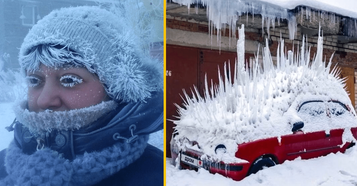 Osoba so zamrznutou čiapkou a riasami, vedľa auta pokrytého snehom a cencúľmi, v chladnej zimnej krajine.