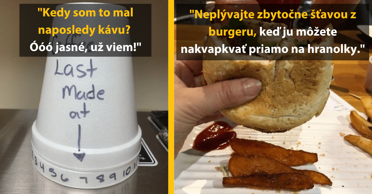 Papierový pohár s časovou známkou a burger s hranolkami a omáčkou ako vtipný nápad na zlepšenie každodenných situácií.