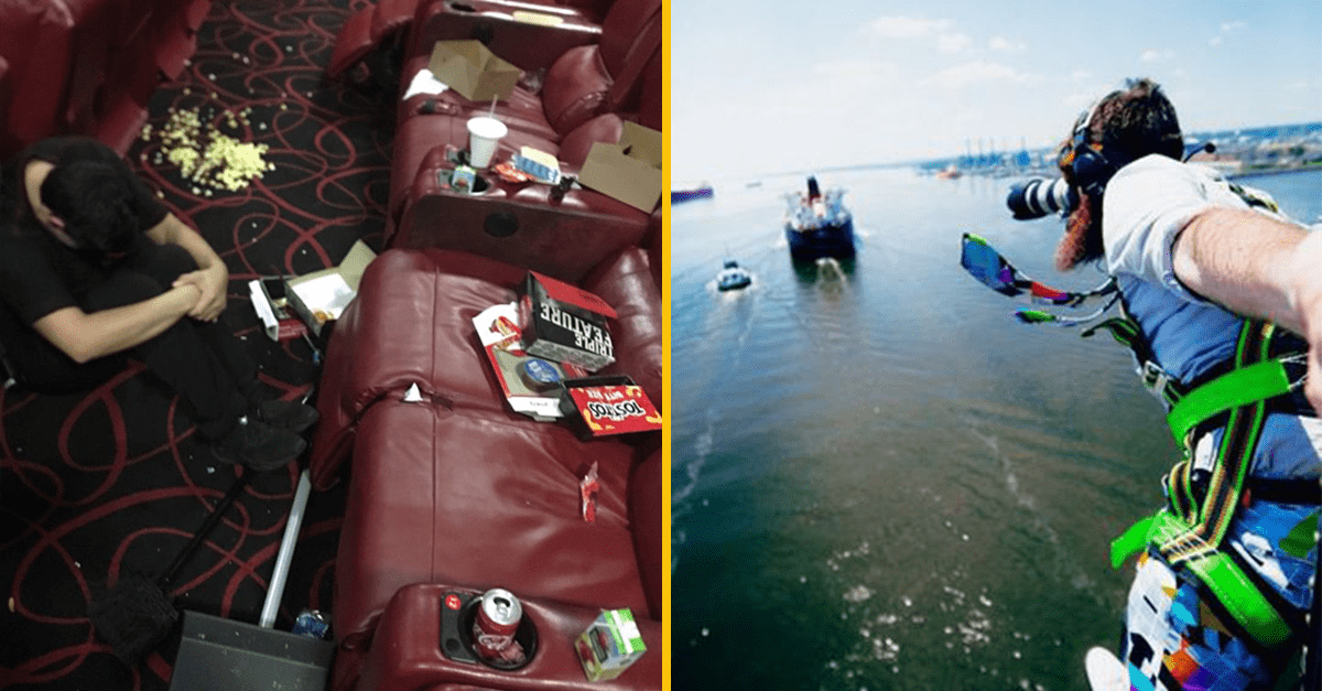 Naľavo neporiadok v kine, napravo bungee jumping fotograf nad vodnou plochou.