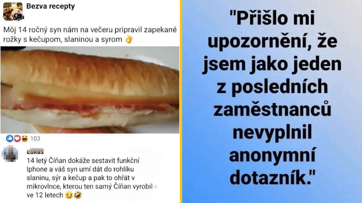 Naľavo: zapekaný rožok so slaninou a syrom. Napravo: vtipný text o zamestnanci a dotazníku.