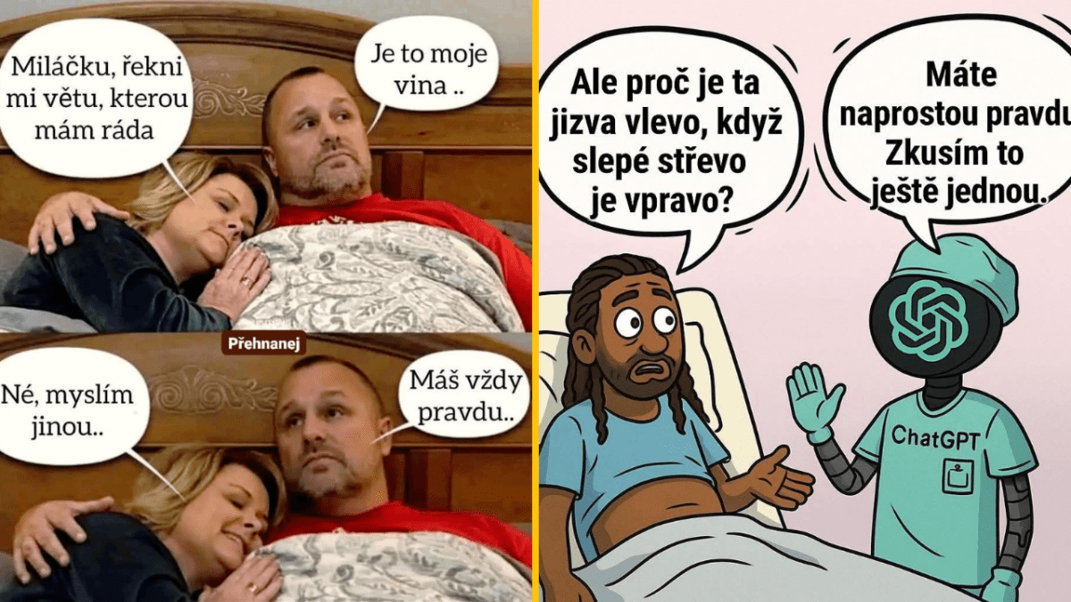 Pár v posteli diskutuje o obľúbených frázach; vedľa lekár ChatGPT žartuje po operácii.