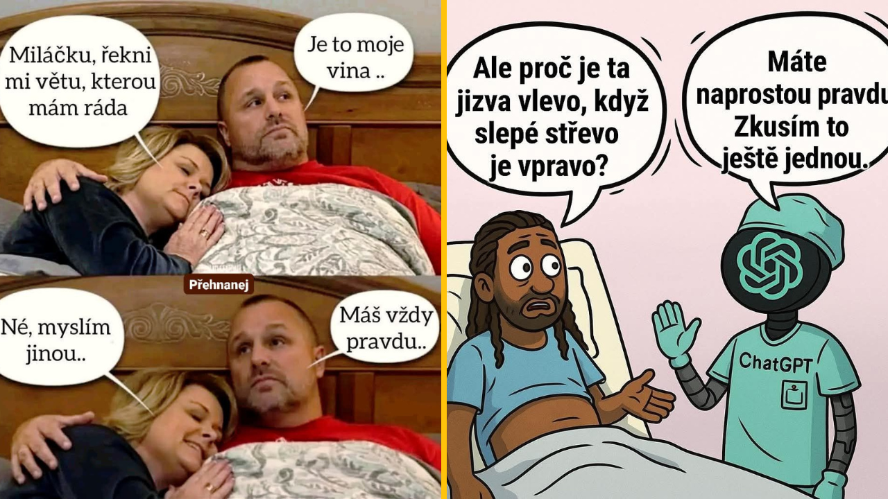 Pár v posteli diskutuje o obľúbených frázach; vedľa lekár ChatGPT žartuje po operácii.