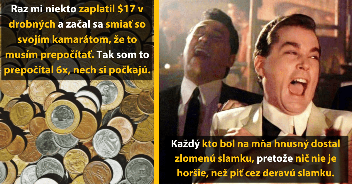 Muž sa smeje nad obrázkom hromady mincí, ktoré ho niekto prinútil prepočítať, ako pomsta za hrubosť.