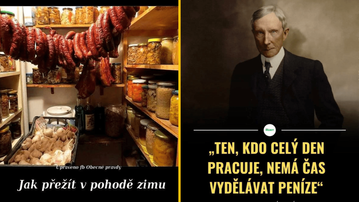 Sklad potravín plný domácich zaváranín a údenín na zimu; múdry citát o práci na druhej strane.