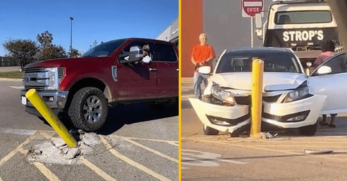 Nehody áut s ochrannými stĺpikmi, červené truck naľavo, biele auto napravo; poškodené nárazníky a ohnutý stĺpik.