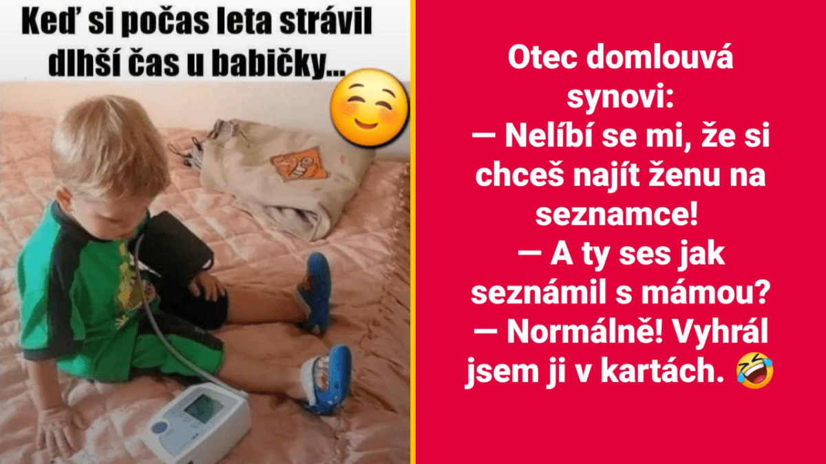 Dieťa meria tlak siediac na posteli u babičky, vedľa je vtipný dialóg otca a syna o zoznamovaní online.