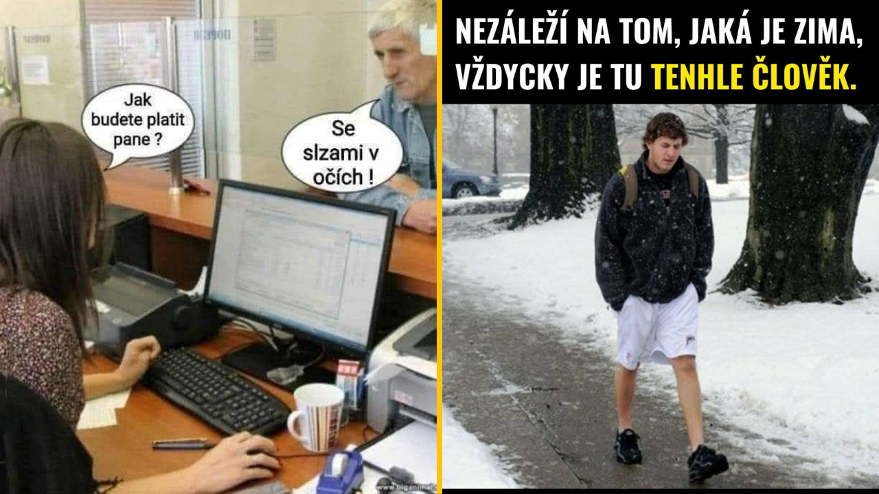 Úradník na banke s humorom platí so slzami v očiach, vedľa chodec v šortkách ignoruje zimné počasie.