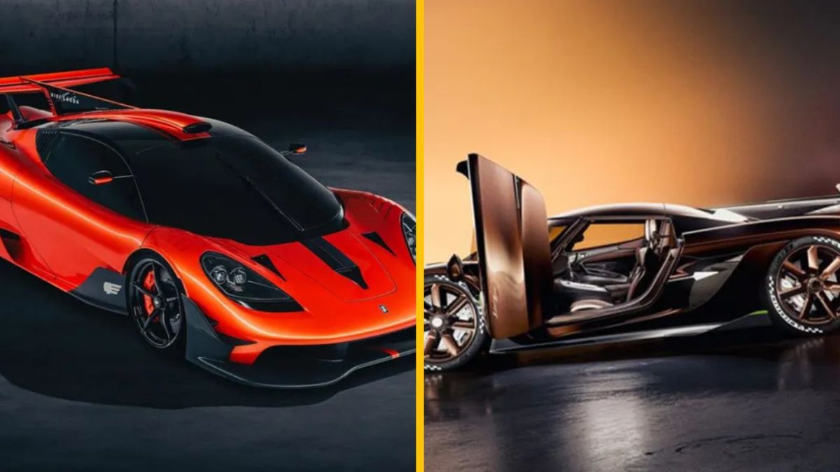 Červené a hnedé športové autá vedľa seba, pripravené na dynamickú jazdu na tmavom pozadí.