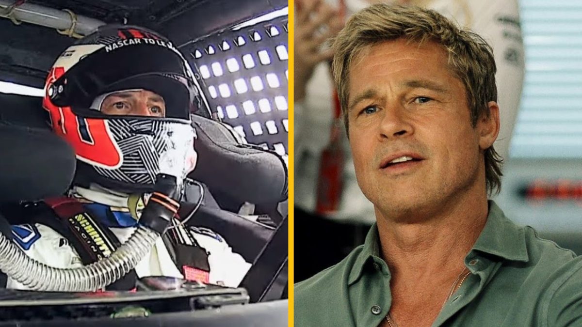 Závodný jazdec v prilbe a muž v zelenej košeli pri rozhovore, dve rozdielne scény vedľa seba.