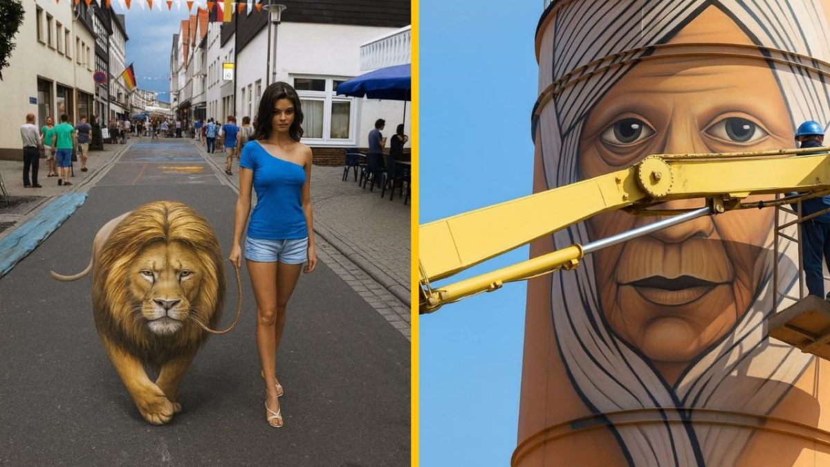 Žena kráča vedľa levieho diela na ulici; muž kreslí veľký portrét na sile.