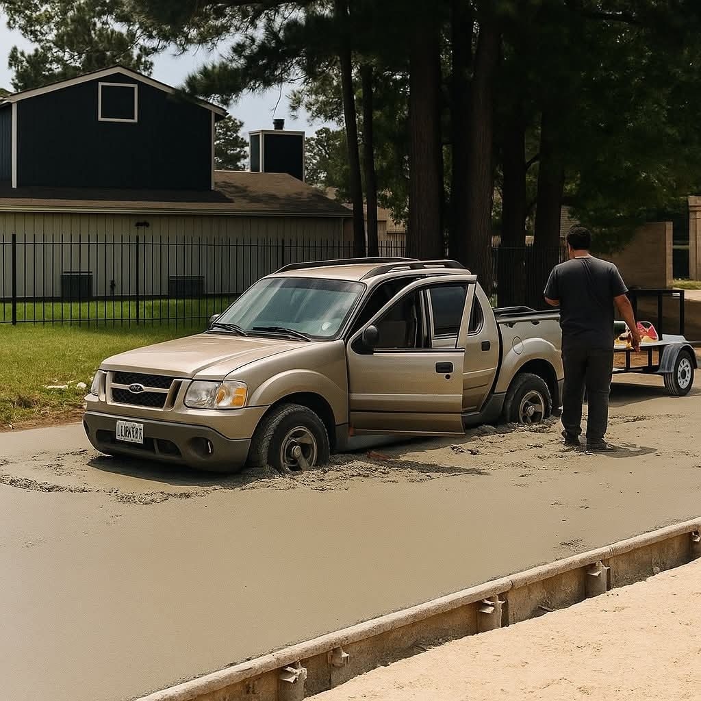 Auto uviazlo v čerstvom betóne na ulici, zatiaľ čo osoba stojí vedľa a skúma situáciu.
