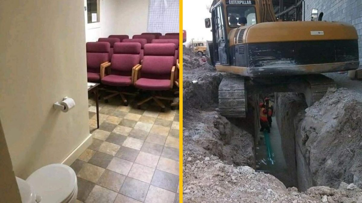 Ťažký stroj nad výkopom s robotníkmi; miestnosť s radom sedadiel a toaletou.