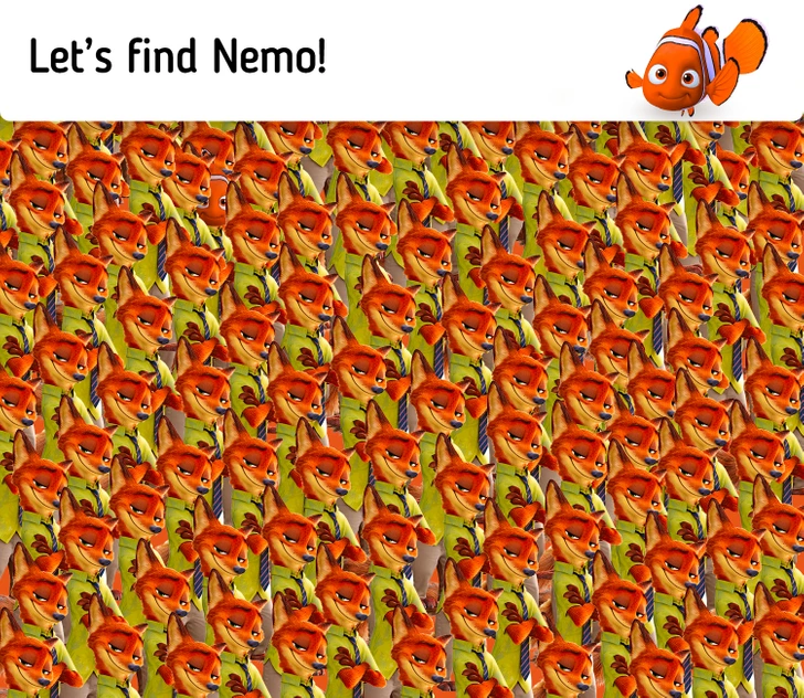 Mnoho líšok v pieskovej farbe, medzi ktorými sa skrýva jedna postavička Nema, hra na nájdenie rybky medzi zvieratami.