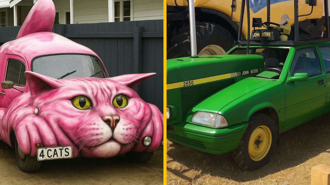 Ružové auto v tvare mačky vedľa zelenej kombinácie traktora a auta na dvore.