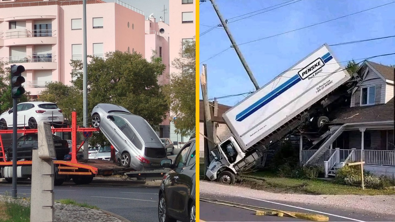 Auto na prepravníku neštandardne postavené, vedľa kamión vrazil do domu. Nehoda alebo logistická chyba.