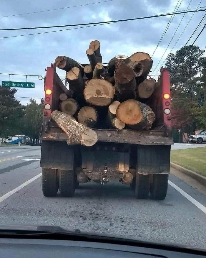 Kamión prevážajúci veľké drevené klady po ceste pri západe slnka.