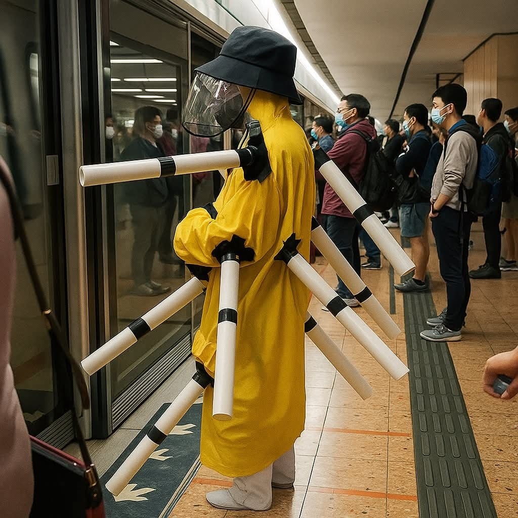 Osoba v žltom s rúrami na chrbte čaká na vlak v metre. Ostatní ľudia s rúškami stoja okolo.