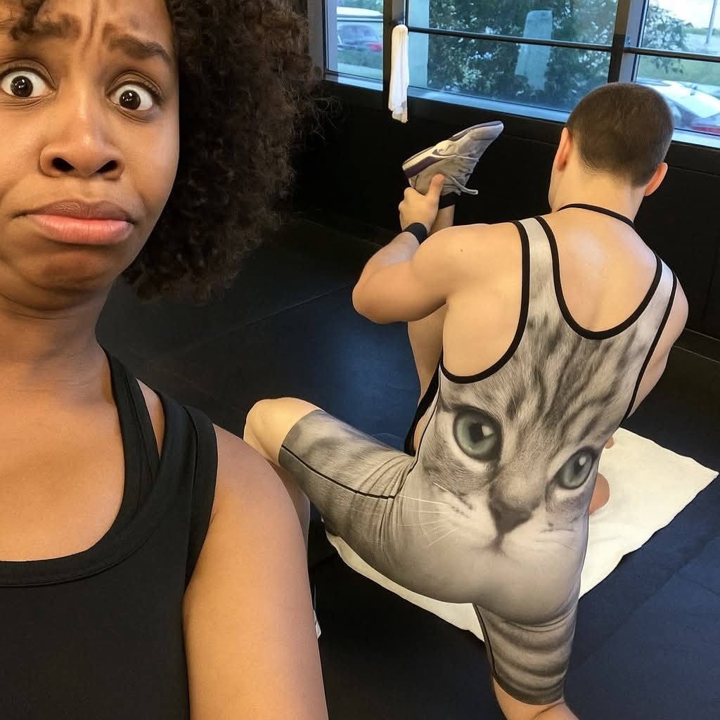 Osoba v telocvični nosí dres s mačacím motívom, zatiaľ čo druhá osoba reaguje prekvapene.