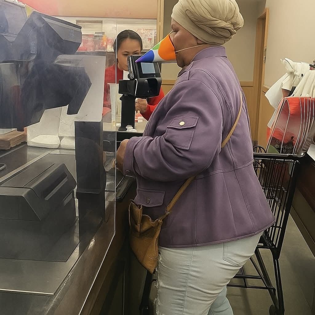 Žena v obchode pri pokladni s ochranným kužeľom na tvári pre bezpečnosť, pokladníčka obsluhuje pútačkou.