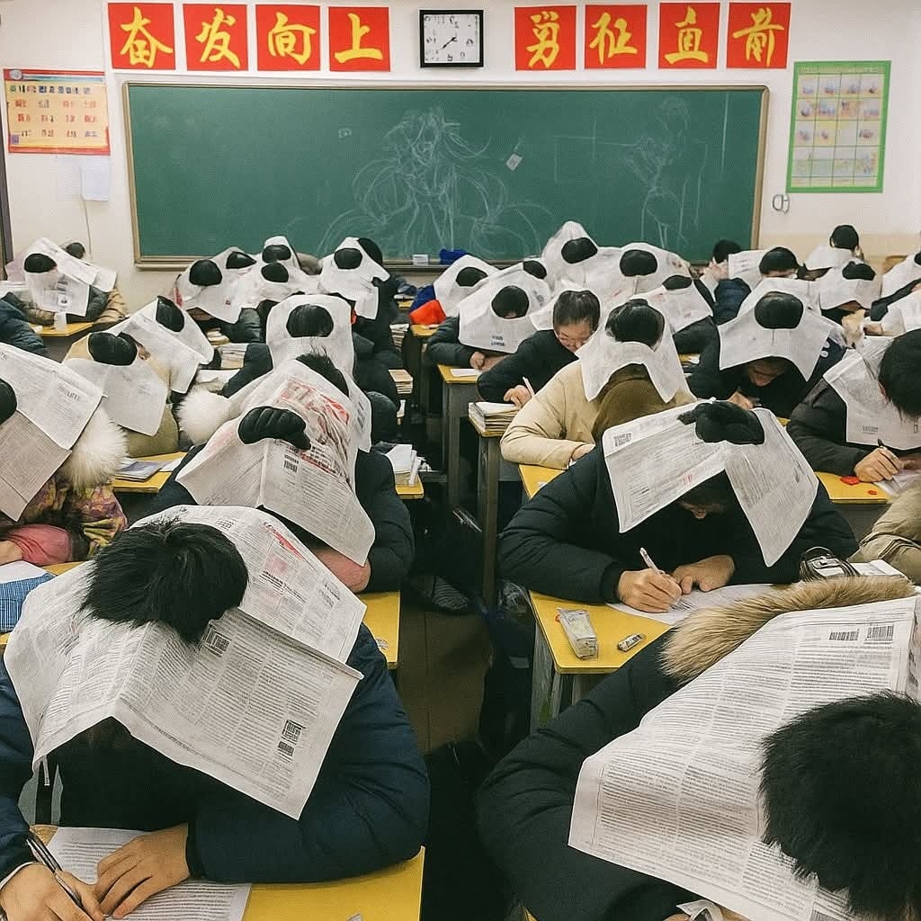 Študenti píšu test v triede s novinami na hlavách kvôli sústredeniu.