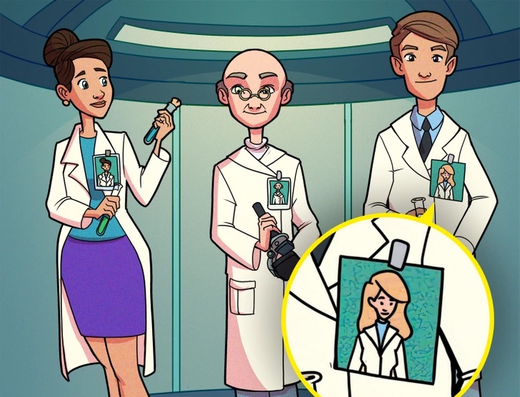 Vedecký tím s identifikačnými odznakmi, detail jedného z nich je zvýraznený.