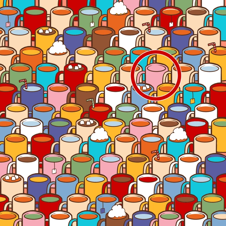 Ilustrácia farebných hrnčekov s nápojmi, medzi ktorými je hľadaný ružový hrnček v červenom kruhu.