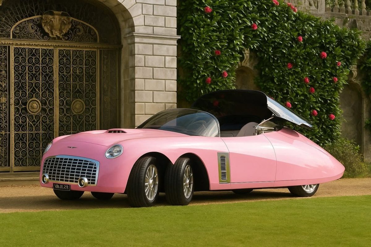 Futuristické ružové auto s unikátnym dizajnom a šiestimi kolesami pred historickou bránou.